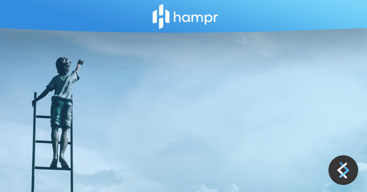 A boy with his back to us standing on a ladder in the sky, reaching up towards the hampr logo in white on a blue banner background.