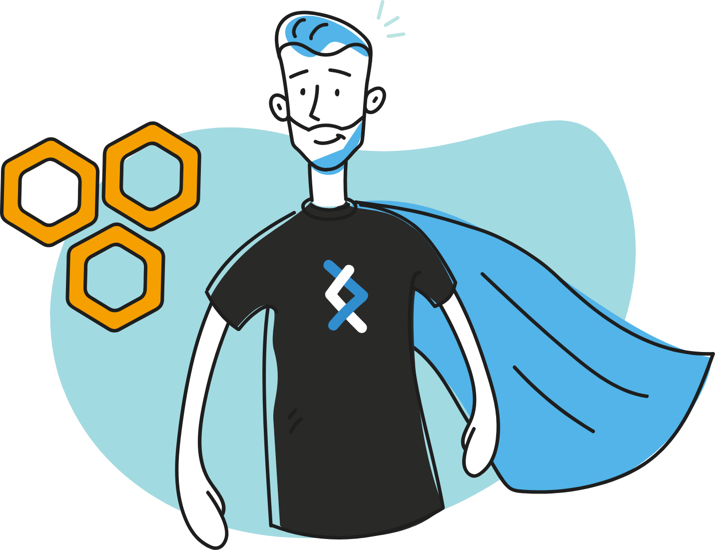 Illustration of DNX character wearing a cape, next to three gold hexagons
