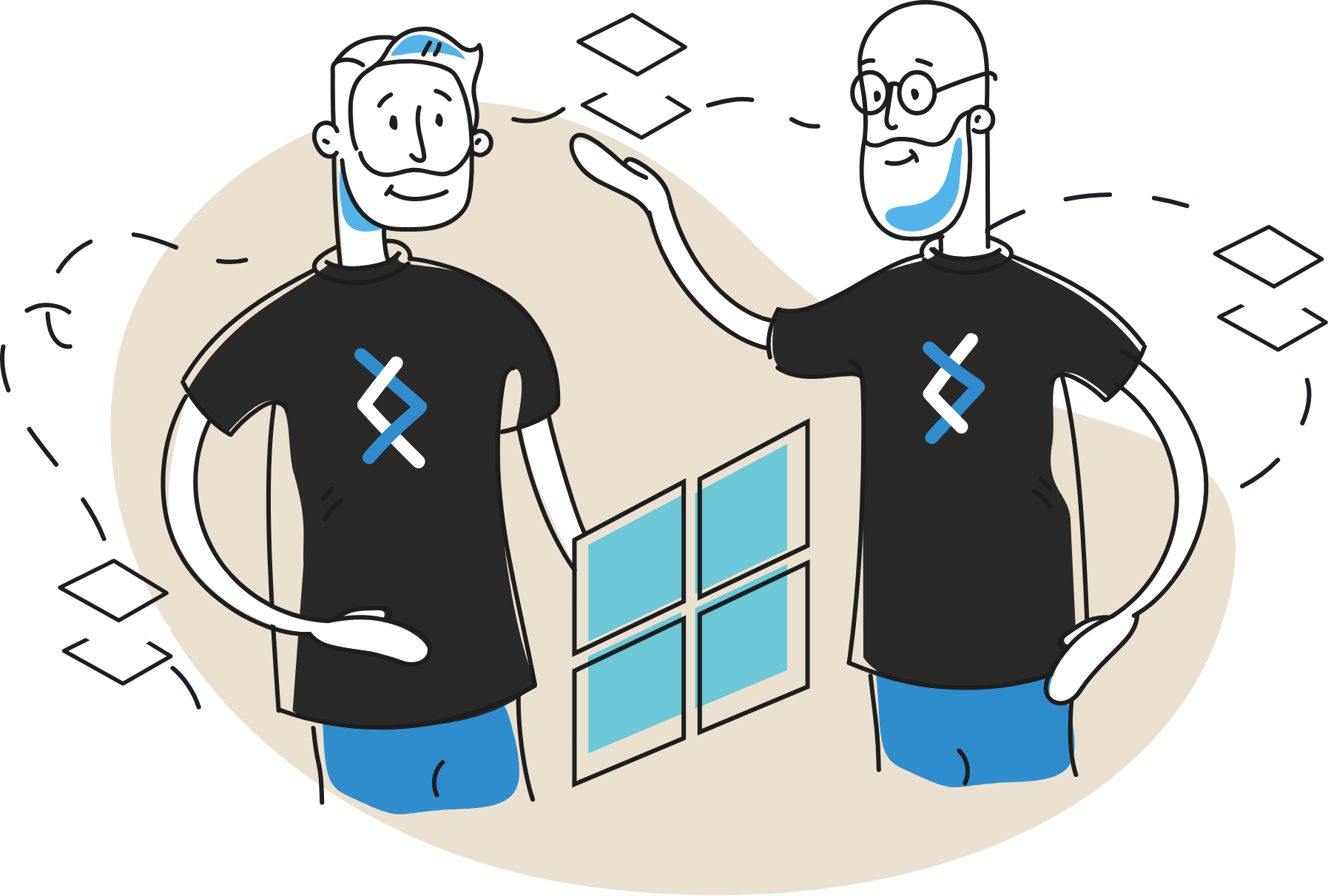 Illustration of DNX characters holding windows app modernisation icons