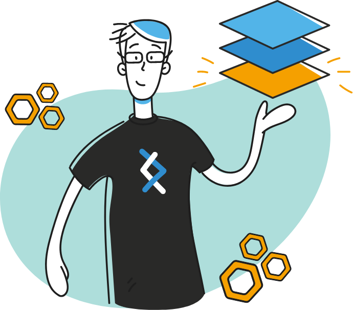 Illustration of DNX character holding cloud foundation icon