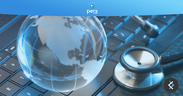 stethoscope on a keyboard with a 3d globe on top, the perx logo is above on a blue banner background. DNX logo in bottom right corner