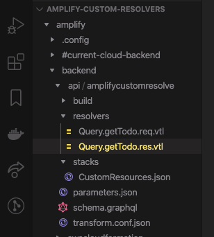 Amplify custom resolvers, query.gettodo.res.vtl highlighted