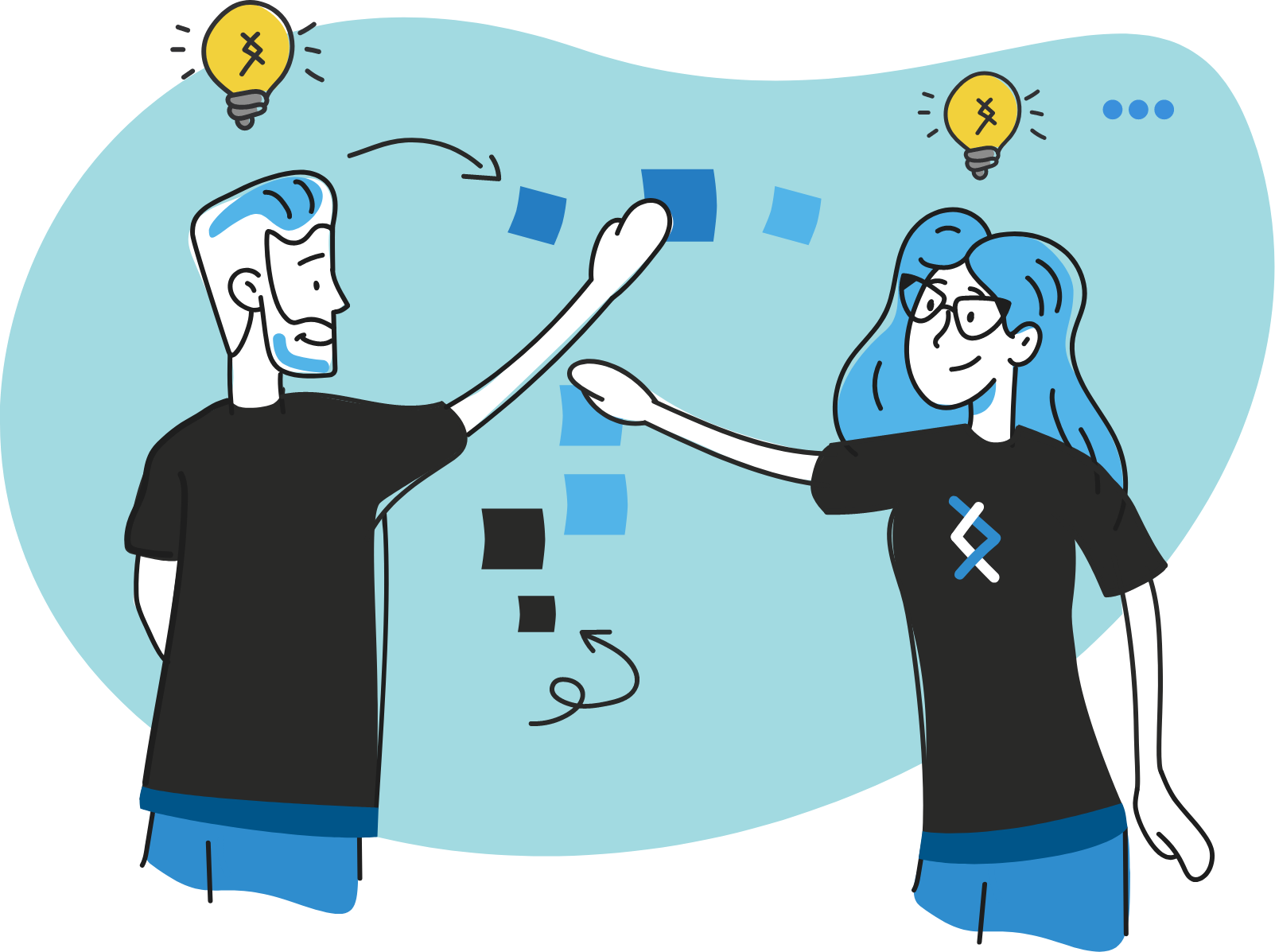 Illustration of two DNX characters with lightbulb idea, moving sticky notes