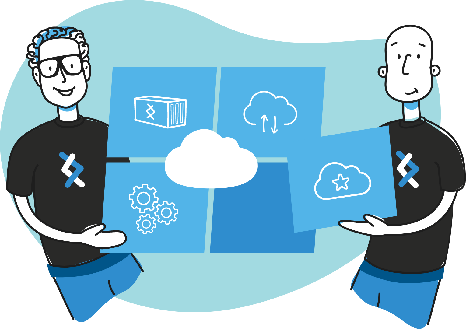 Illustration of DNX characters holding cloud optimisation and storage icons